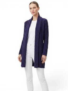 St John Navy Blue Purple Open Front Boucle Nubby Knit Cardigan Sweater NWT New P